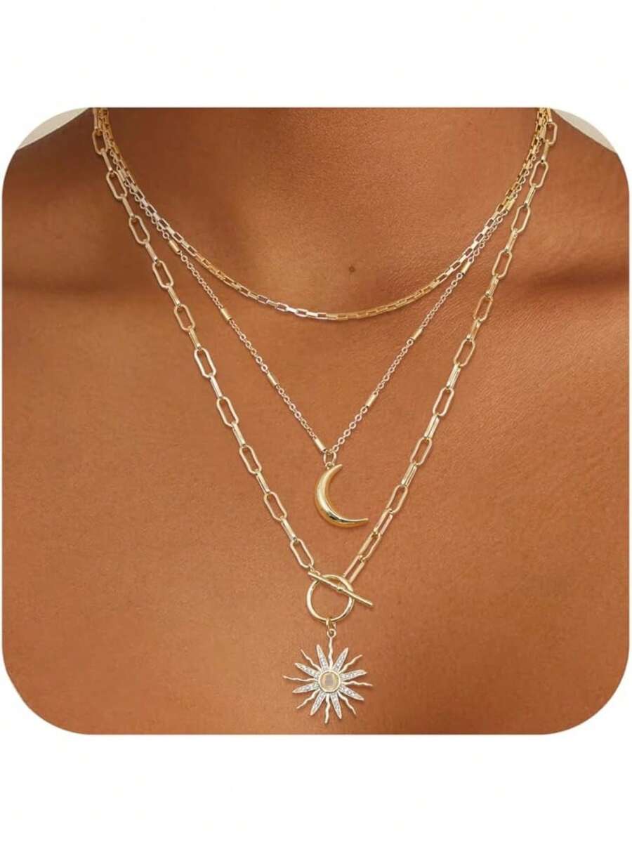 3Pcs Layered 14K Gold Plated Necklaces For Women Dainty Necklace Stack Silver Plated Non Tarnish Free Pendant Chunky Chain Pearl Paperclip Cross Heart Necklace Set For Women - 14K鍍金項鍊+月亮 - 查看 1
