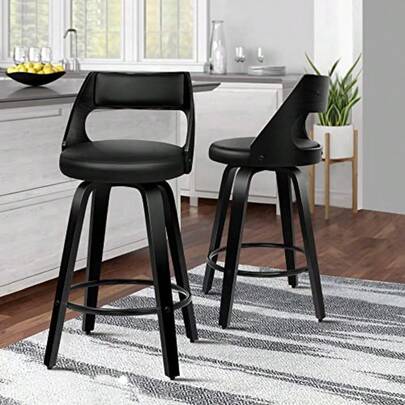 Bar Stools 2X Swivel Wooden Kitchen Stool 65cm Seat Height Leather Counter Stool With Footrest And Adjustable Leg Levelers Home Dining Chair In All Black For Home Bar Dining Room