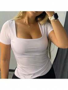 Set Of 3 Basic Blouses In Spandex With Square Neckline And Short Sleeves (Lined) - 軍綠色/白色/棕色 - 查看 2
