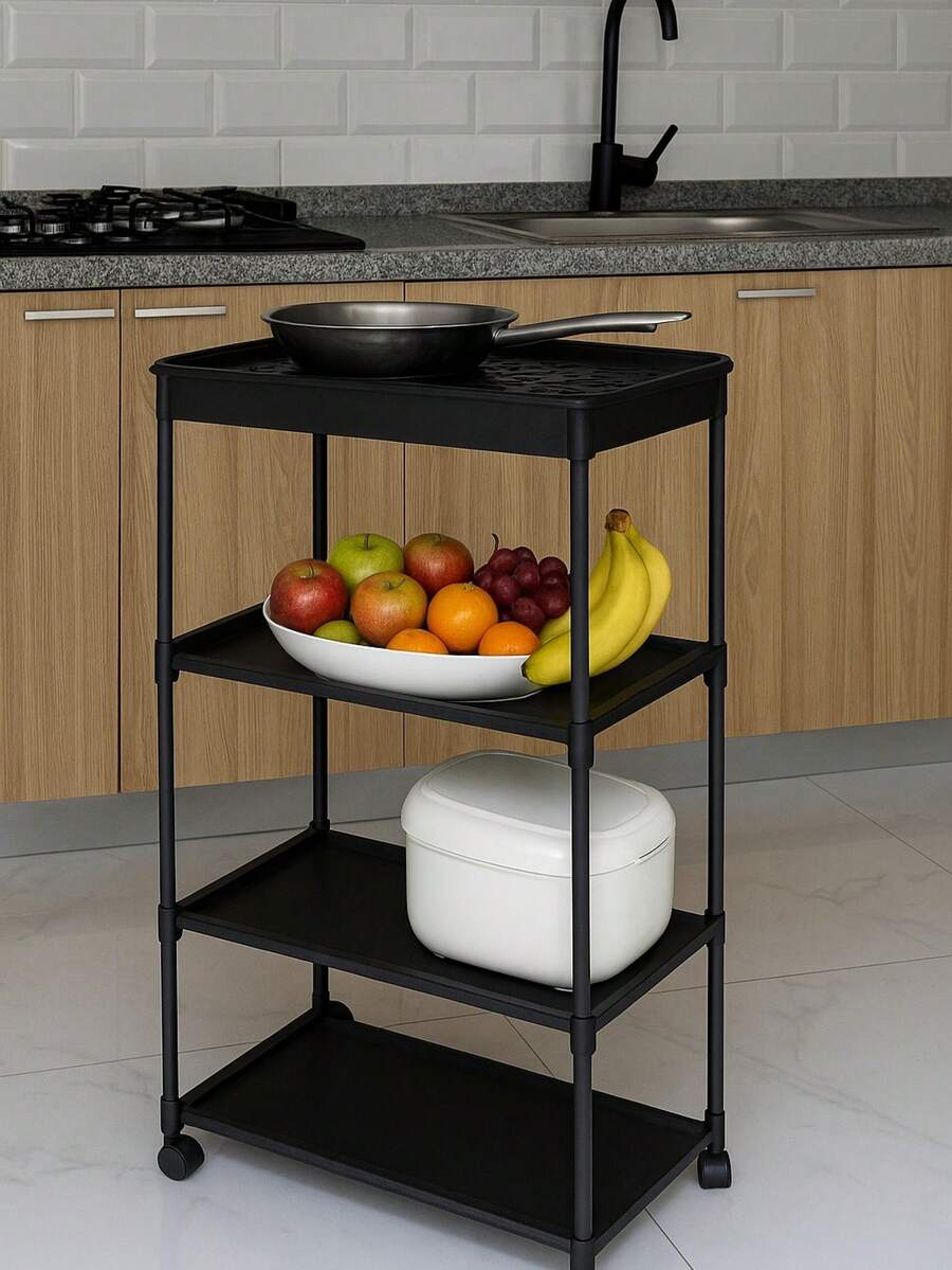 Carrito de Almacenamiento de 4 Niveles para Cocina Moderna con Ruedas y Bandejas Metálicas Multifuncionales - Negro - Ver 1