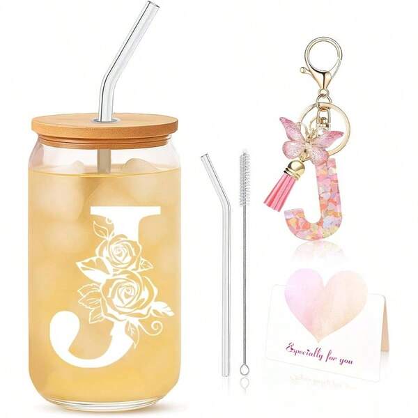 Birthday Gifts Women, Personalized Initial Set - Initial Glass Cups With Lids And Straws, Letter Keychain - Unique Gifts Friends Sister Bride Bridesmaid Mom Daughter - J