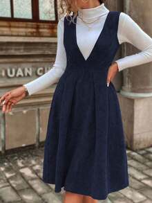 Plus Size Navy Blue Deep V-Neck Sleeveless Jumper Dress With Zipper Detail, Knee-Length Flared Hem, Woven Fabric, Christmas Dress, New Year Women Outfit - Royal Blue - View 4