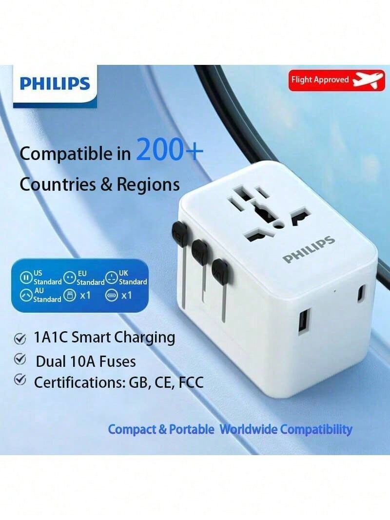 PHILIPS Adaptor de călătorie global SPB1015: 1 interfață USB + 1 tip C, adaptor de călătorie multi-țară, compatibil cu Australia și Noua Zeelandă, ușor și portabil, acceptă încărcarea dispozitivelor. - Vizualizare 1