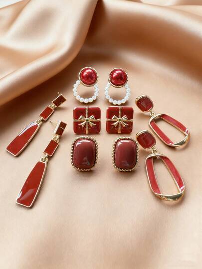 5件套简约别致法式复古新年红色滴油不规则扭曲几何仿珍珠耳环，时尚优雅耳环套装，适合女性，圣诞节、情人节、派对、日常佩戴
