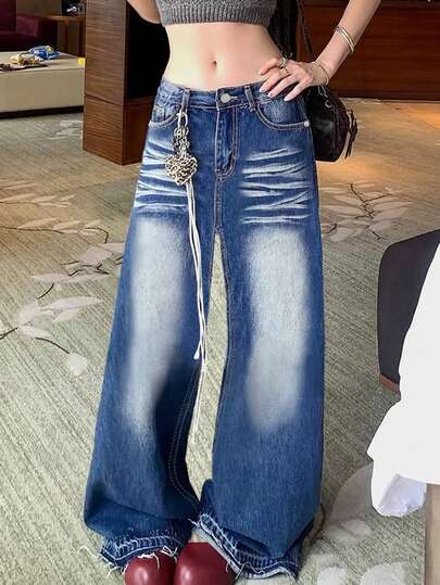 Washed Blue Jeans, Loose Fit, Frayed Hem Design, Casual Straight Leg Wide Pants, Autumn