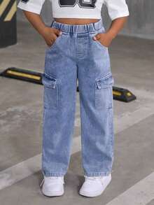 ‌Pantalones vaqueros de carga para niñas, estilo urbano,cintura alta, cintura elástica, pantalones anchos, cómodos y versátiles - Azul - Ver 1