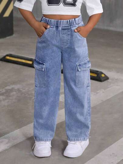 ‌Pantalones vaqueros de carga para niñas, estilo urbano,cintura alta, cintura elástica, pantalones anchos, cómodos y versátiles