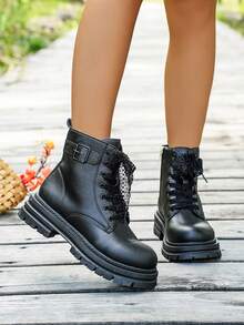 Autumn/Winter Lace-Up Leather Buckle Cinched Side Zipper Short Thick-Soled Soft-Bottomed Versatile Boots, Outdoor Warm Flat Ankle Boots - Black - View 3