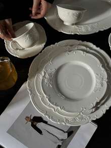 1pc French Vintage Floral Rose Embossed Ceramic Cup, Afternoon Tea Cup & Saucer, Unique Design Niche Cup, Breakfast Cup, Dessert Plate, Latte Art Cup, Suitable For Home, Office, Restaurant