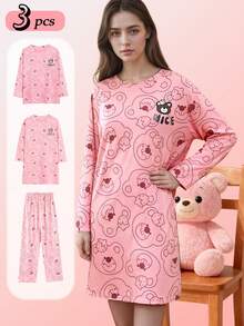 COTOLO Conjunto de Pijama para Mujer con Estampado de Oso Animado Manga Larga Pantalón Largo y Robe Color Rosa Estilo Dulce y Adorable para Hogar, pijamas mujeres,pijamas navideñas familiar,pijamas,pijamas navideñas - Osito Rosa Cariño - Ver 3