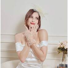 Floral Lace Gloves Tea Party Short Sunblock Wedding Bridal Vintage Prom Tulle Gloves Women - E-蓮花米色 - 查看 3