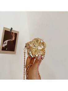 1pc New Mini Metal Pouch, Gold Electroplated Glossy Metallic Coin Purse, Chain Strap Crossbody Bag, Floral Shaped Handheld Bag, Elegant Wallet Valentines - Vàng - Xem 5