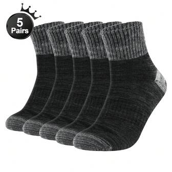 5 Pairs Men's Terry Thermal Socks, Breathable And Soft Full Cushioned Winter Quarter Thick Socks Mid Crew Warm Socks With Cozy Towel Sole For Cold Weather And Outdoor Activities