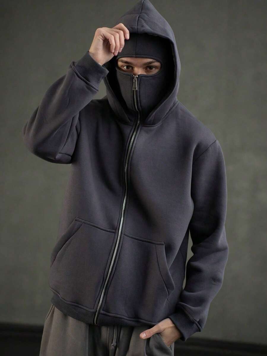 Stylish Black Balaclava Hoodie With Full-Face Mask - Casual Zip-Up Sweatshirt, Machine Washable, Graphic Design, Perfect For Outdoor Activities, Outdoor Activity Apparel | Fashionforward Hoodie | Durable Fabric Hoodie - 灰色 - 查看 1