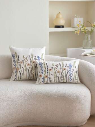 1pc Colorful Wild Flower Embroidered Linen Throw Pillow Cover, Home Decor Suitable For Living Room, Bedroom, Party And Various Environments, Spring/Summer