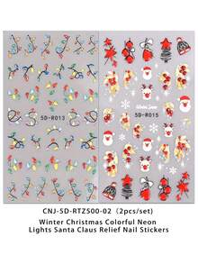 2 Peças de Adesivos de Arte de Unhas com Relevo de Iluminação Colorida de Natal - Design de Arte DIY de Luzes de Néon, Papai Noel, Rena e Estrelas em Vermelho, Amarelo, Verde e Azul para Natal e Ano Novo, Adequado para o Dia a Dia, Casamentos e Feriados das Mulheres. Adesivos de Arte de Unhas Descartáveis com Tema Cartoon e Simples, Fáceis de Colar, Decoração de Salão de Beleza