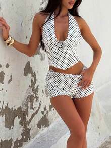Franhais Polka Dot Shorts Sets Women 2 Piece Outfits Halter V Neck Backless Tank Top And Foldover Shorts Y2k Matching Set - 白色 - 查看 3