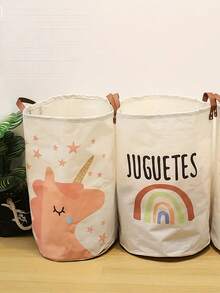 1pc Cartoon Polyester Laundry Basket With Foldable Handle, Modern Style Home & Kitchen Storage Organizer Rack, Open-Top Design With Shelf