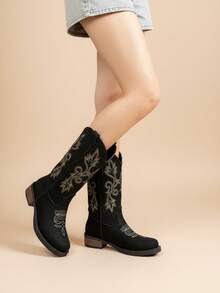 Botas vaqueras bordadas para mujer, de media caña y punta redonda, estilo vaquera, a la moda. - Negro - Ver 4