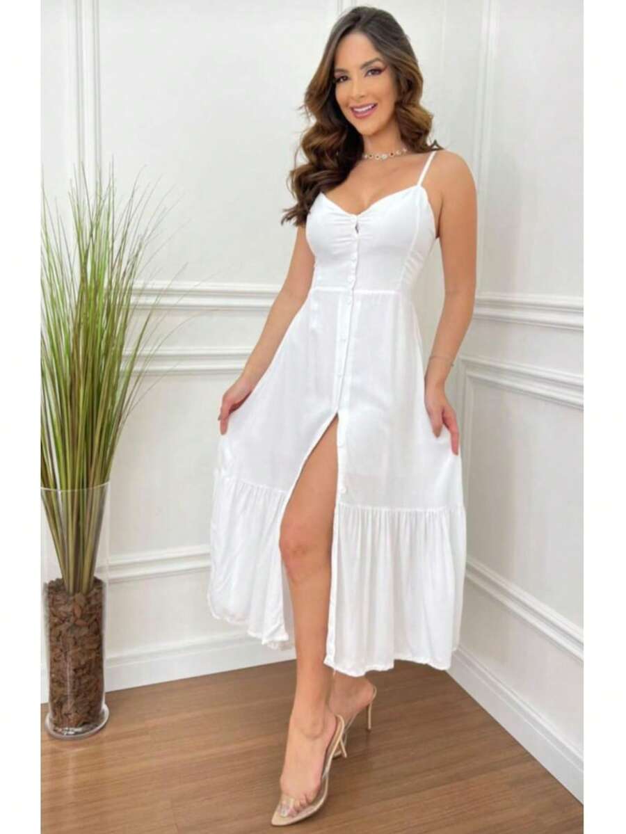 Maria Flor Midi Dress With Thin Straps, Padded Cups, Buttons, And Front Slit. - White - View 1