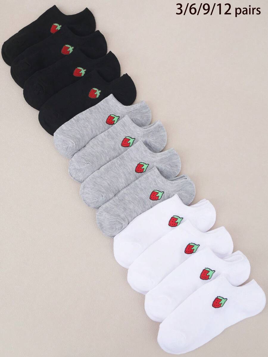 3/6/9/12 perechi de șosete drăguțe cu căpșuni, culori mixte, șosete versatile la modă pentru purtare zilnică, casual minimaliste, absorbție a umezelii, potrivite pentru toate anotimpurile și ocaziile - Multicolor - Vizualizare 1