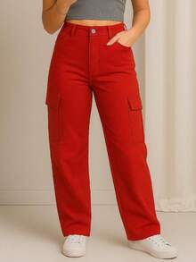 Pantalón Tipo Cargo con Bolsillos Laterales y Botón al Frente. Tela Gabardina Suave y Ligera. - Rojo - Ver 1