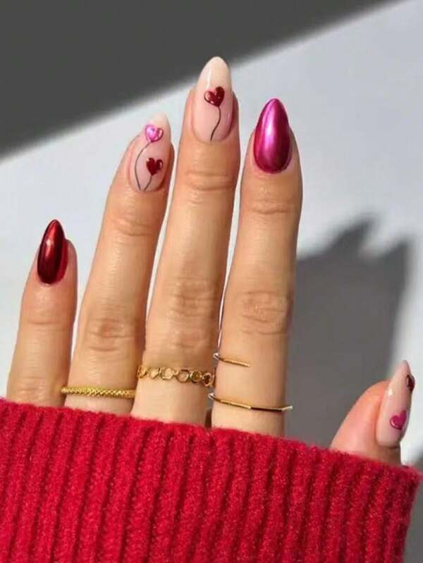 24 Pieces, Almond-Shaped, With A Red Heart Design, Wearable False Nails, Suitable For Parties, Valentine's Day Gifts, And For Women