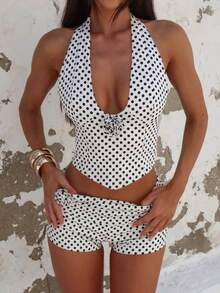 Franhais Polka Dot Shorts Sets Women 2 Piece Outfits Halter V Neck Backless Tank Top And Foldover Shorts Y2k Matching Set - 白色 - 查看 2