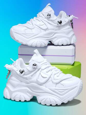 7 cm hissskor för dam med avtagbar 3D-rosettdekoration, tjock sula för utomhusbruk, EVA-stötdämpande, halkfri, andningsbar mesh, snörning, rund tå, lätta, bekväma vardagsskor för vardag, campus, träning