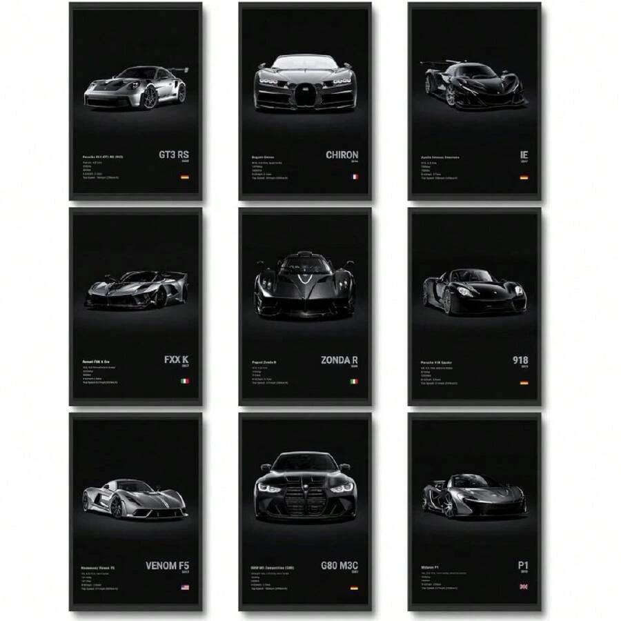 Car Poster Vintage Racing Car Wall Art Supercar Canvas Prints Painting For Men Room Pictures Guys Dorm Room Aesthetics Dr Bedroom Office (Unframed,8*10inch,9pcs) Black,27270435 - 黑色 - 查看 1