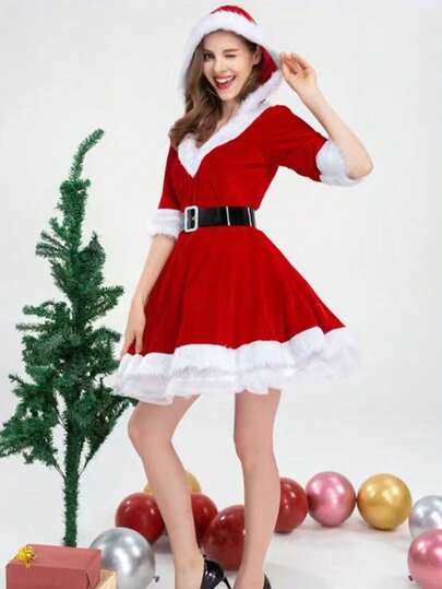 Un ensemble de costumes de Noël pour femmes, un costume de rôle du Père Noël, une ceinture en daim, un chapeau, une jupe à col rond et à trois manches