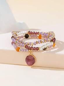 3件套女士时尚波西米亚风水晶圆形吊坠串珠手链，适合日常佩戴（珠子颜色随机） - 紫色 - 查看 4