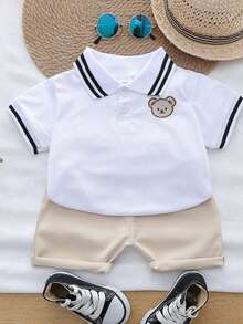 Toddler Baby Cartoon Bear Embroidery Polo Shirt & Shorts Set For Summer