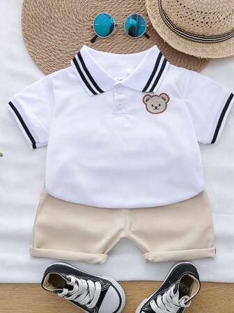 Conjunto de camisa tipo polo con bordado de oso de dibujos animados y shorts para bebé y niño pequeño en verano