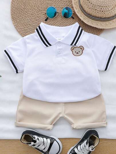 Conjunto de camisa polo e shorts bordados de urso de desenho animado para bebês e crianças pequenas para o verão
