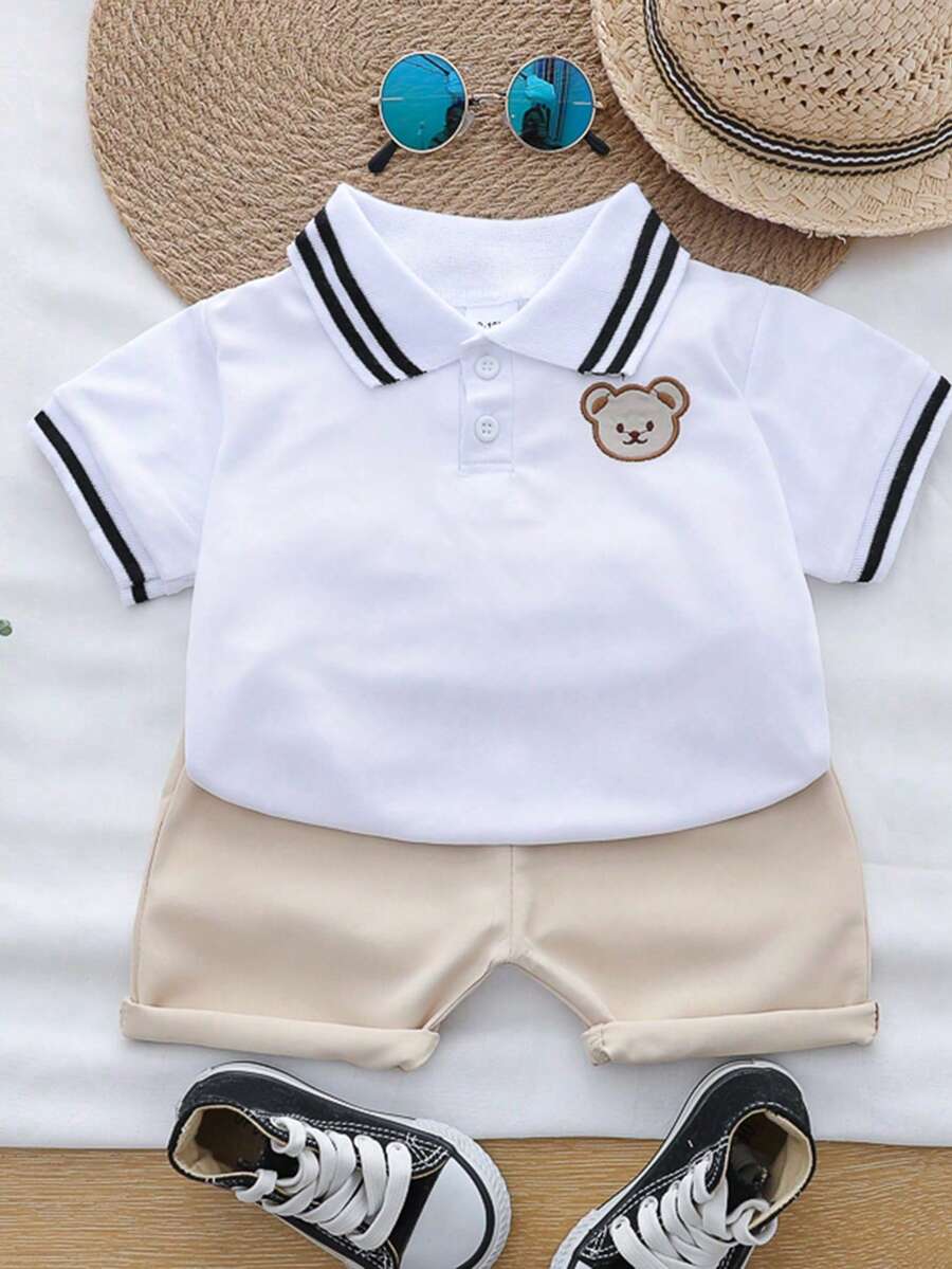 幼儿婴儿卡通熊刺绣 Polo 衫和短裤套装(夏季) - 白色 - 查看 1