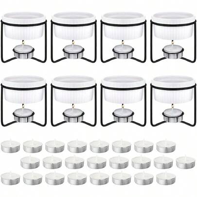 Treela 40 Pieces Ceramic Butter Warmers Set With 32 Tealight Candles For Chocolate Cheese Fondue Crab Lobster Serving In Kitchen Dining Room Microwave Oven Use White And Black Design For Elegant Food Presentation And Easy Heating