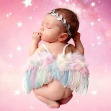 Zestaw rekwizytów do fotografii noworodkowej – regulowane skrzydła anioła + opaska na głowę z srebrnymi żyłkami, wielokolorowe pióra, odpowiedni dla noworodków, na obchody 100. dnia życia, do fotografii tematycznej, prezent na baby shower