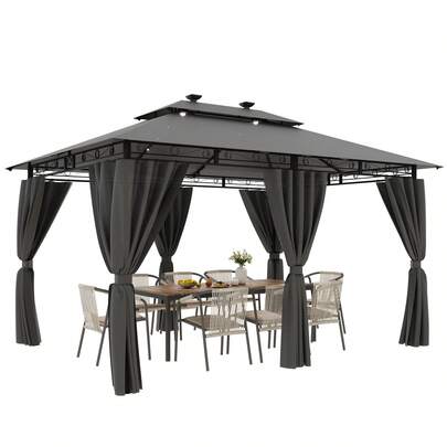 DEVOKO 3x3/3x4/3x6 Garden Pavilion, Party Tent With Lighting And Double Roof, Side Roll-Up Curtains With Zipper, Sturdy Frame, Grey-Beige Garden Pavilion, Garden Tent