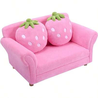 Sofa With 2 Cute Strawberry Pillows Couch Armrest Chair Double Seats Toddler Lounge Bed With Wooden Frame And Coral Fleece Surface For Bedroom Living Room Pink