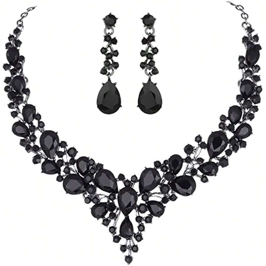 Clear Crystal Rib Statement Necklace Earrings Set Spark Rhinestone Women Jewelry Set Chunky Bridal Teal Crystal Drop Accessories For Ladies And Bridesmaids{Inchcolor_nameinch:InchBlackinch} - Black - 查看 1
