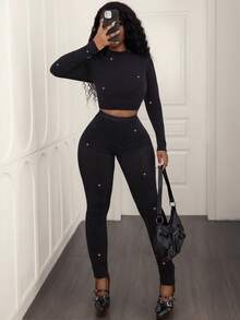 2pcs/1set Plus Size Women Fall Winter Casual Sexy Chic Rhinestone Embellished Solid Color Cropped T-Shirt And Leggings Sports Yoga Tight Two Pieces Set,Christmas,New Year Outfits - Black - View 4