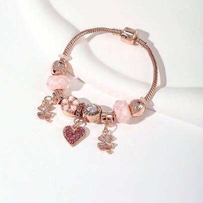 Luxury Rose Gold Clover Heart Bracelet - Pink Beaded Style Bangle, Fine Fashion Jewelry For Women, Elegant Gift"Rose Gold Clover & Heart Charm Bracelet - Pink Beaded DIY Style Bangle, Fashion Jewelry For Women, Perfect Gift For Her"