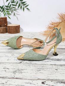 Scarpe con tacco a spillo a punta francese, sandali alla moda da celebrità con cinturini e design traforato, adatti per outfit di San Patrizio, primavera ed estate - verde chiaro - Visualizzare 6