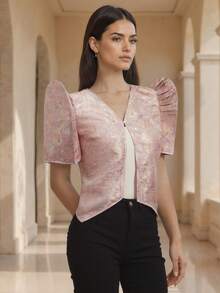 Amyenjoylife Modern Filipiniana Top,Butterfly Sleeves Filipiniana,Summer Women's Fashionable And Elegant Bubble Sleeve Short Sleeved Top,Champagne Top - Champagne - View 5