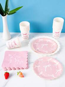 Pink Bow Disposable Plate, Napkin, Cup Set, Plates, Napkins And Cups Party Supplies, Serves 8 Guests, Disposable Paper Plates Party Tableware Suitable For Birthday, Wedding, Theme Party, Family Picnic - Multicolor - View 5