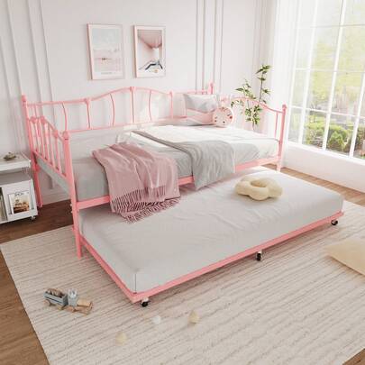 PtioHavn Sofá cama de metal con somier extraíble(twin size), láminas de acero para sostener el sofá cama, cama extraíble para ahorrar espacio, no necesita colchón de muelles, adecuado para pisos, salones, espacios pequeños (rosa)
