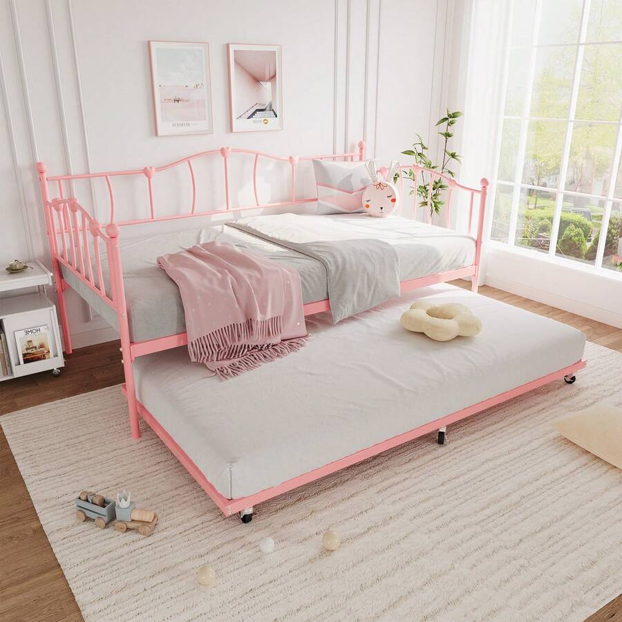 PtioHavn Sofá cama de metal con somier extraíble(twin size), láminas de acero para sostener el sofá cama, cama extraíble para ahorrar espacio, no necesita colchón de muelles, adecuado para pisos, salones, espacios pequeños (rosa) - Rosa - Ver 1