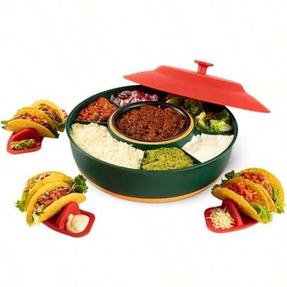 Taco Tuesday Kit - Heated Taco Bar Serving Set For Home Parties And Gatherings - 30oz Adjustable Temperature Pot With 4 Taco Holders And Removable Lazy Susan Tray - Perfect For Family Dinners Game Nights And Festive Taco Night Events - Ideal Unique Gift For Couples And New Homeowners
