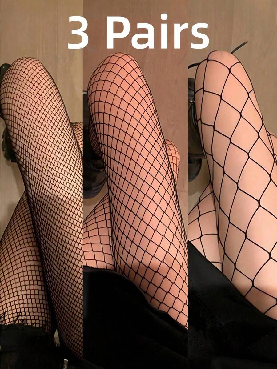 3双装女士渔网袜，高弹力大码性感网眼连裤袜，适合日常穿着、春夏、情人节穿搭、情侣装、情人节连衣裙 - 黑色 - 查看 1